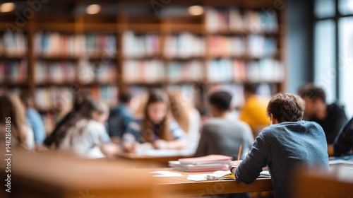 Students engaged in study session at a library, surrounded by books and focused on their tasks