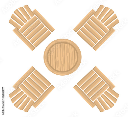 Outdoor wooden chairs with table. Entourage design. Furniture for architectural landscape plans. Vector.