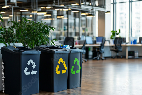 Modern office with recycling bins supporting corporate environmental responsibility photo
