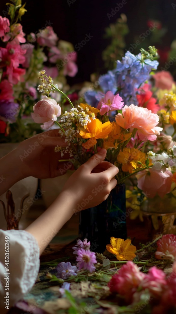 Hands arranging vibrant flowers in a vase amidst a colorful floral backdrop