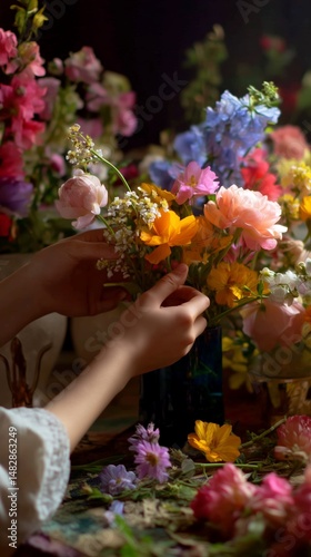 Obraz na płótnie Hands arranging vibrant flowers in a vase amidst a colorful floral backdrop w salonie
