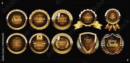 olden luxury labels and banners, gold badge vector .premium quality certificate seal ribbons, Shield, VIP, super quality sticker tags and banners for best product seals, top no 1 brand golden crown