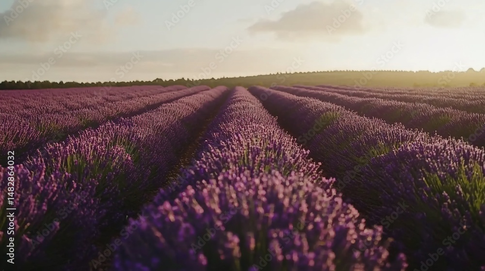 Naklejka premium Lavender dreamscape: Rows of fragrant blooms stretching towards a hazy sunrise