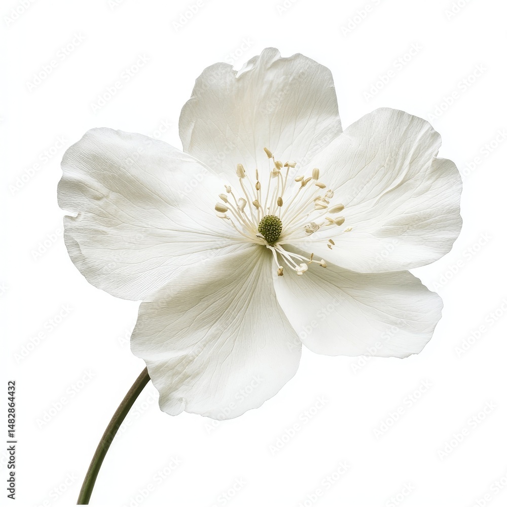 Fototapeta premium A pristine white flower, delicate petals, and slender stem against a stark white background