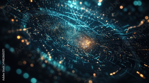 Dark background with floating virus particles surrounded by digital data, covid, biotechnology and pandemic analytics concept.