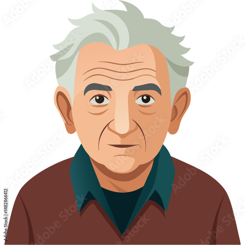 Elderly man with tousled gray hair and brown shirt