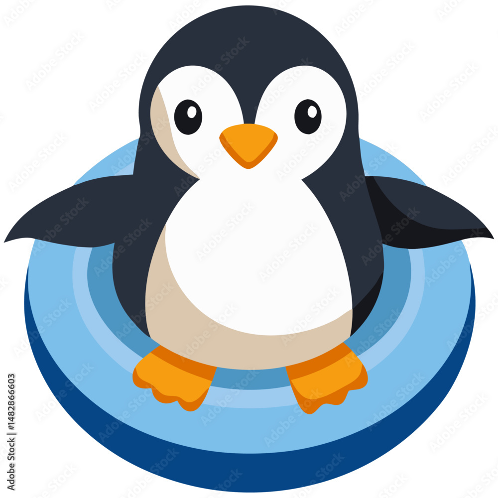 Naklejka premium Cartoon baby penguin on float ring vector
