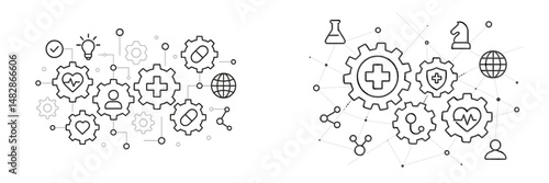 Innovative healthcare technology concepts illustrated through interconnected gears and symbols in a modern design