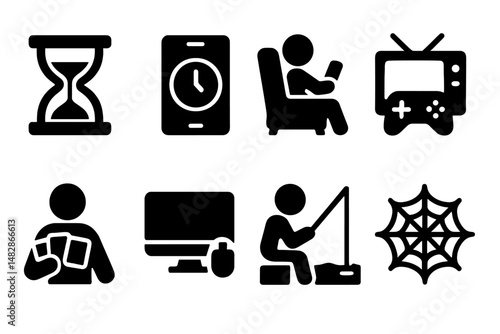 Icons representing various leisure activities including gaming, fishing, and screen time in a minimalistic design