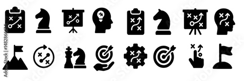Strategic symbols depicting planning, problem-solving, and goal-setting in a minimalistic style