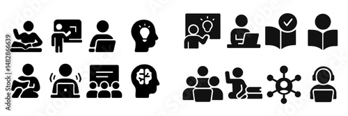 Icons representing various activities and roles in education and collaboration among individuals in a learning environment