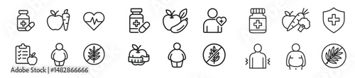 Health and wellness icons showcasing nutrition, fitness, and medical care for a balanced lifestyle