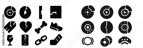 Different shapes and icons representing broken and damaged items displayed in a creative arrangement on a plain background