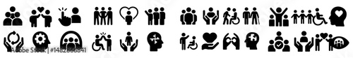 Symbols representing community support, inclusion, and well-being for diverse individuals engaging in various activities