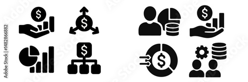 Financial growth and investment concepts represented through icons depicting charts, analysis, and collaboration
