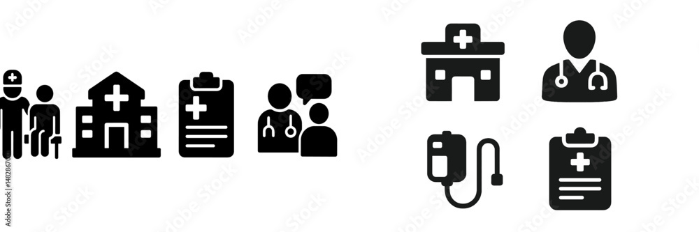Icons representing healthcare professionals, hospitals, and medical records in a minimalistic design for educational and informational use Icons representing healthcare professionals, hospitals, and medical records in a minimalistic design for educational and informational use
