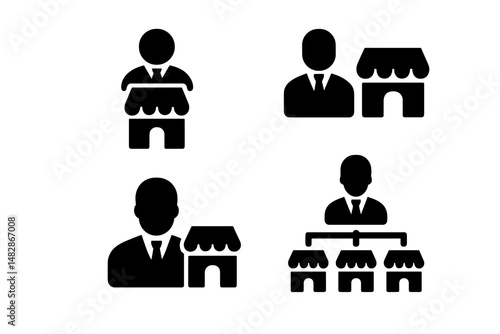 Business management concepts illustrating entrepreneurship and store ownership with simple icons representing roles and structures in commerce