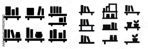 Designs of minimalistic bookshelf icons featuring various arrangements and elements for modern decorating styles