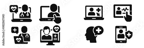 Health consultation icons illustrating telemedicine and virtual healthcare services in modern technology setups