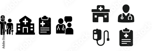 Icons representing healthcare professionals, hospitals, and medical records in a minimalistic design for educational and informational use