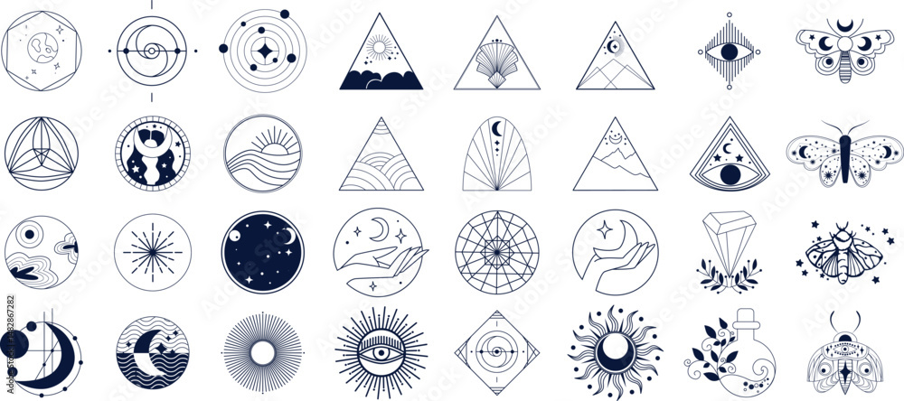 custom made wallpaper toronto digitalSet of mystical and celestial line art icons with moon, sun, stars, hands, geometric shapes, butterflies, and crystals. Minimalistic black and white spiritual symbols and cosmic designs.