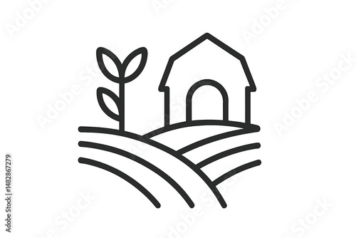 Simple outline of a house and plant with hills representing rural landscape scenery