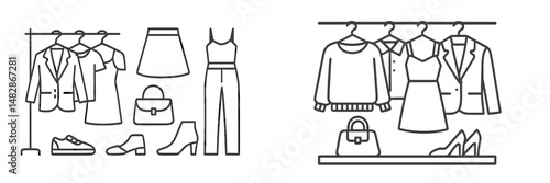 Fashion display showcasing various clothing items and accessories in a minimalist design at a boutique