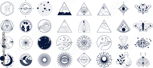 Set of mystical and celestial line art icons with moon, sun, stars, hands, geometric shapes, butterflies, and crystals. Minimalistic black and white spiritual symbols and cosmic designs.