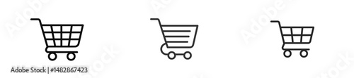 Three different representations of a shopping cart icon in a simple line drawing