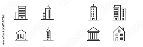 Various building icons representing urban architecture and structures in a clean, minimalistic design suitable for modern applications