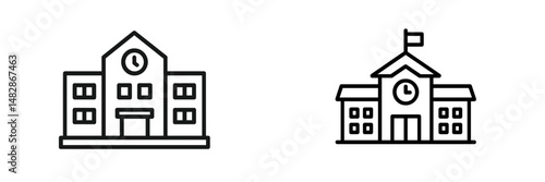 Two distinct school building icons showcasing architectural features and clocks highlighting educational environments