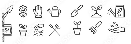 Gardening tools and icons for planting, nurturing, and growing plants at home or in garden spaces