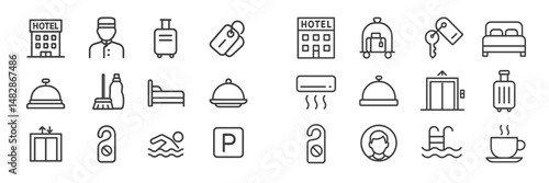 Hotel service icons illustrating various aspects of hospitality and guest experience in a modern setting