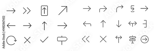 Collection of directional symbols and arrows for navigation and signage design in a minimalistic style