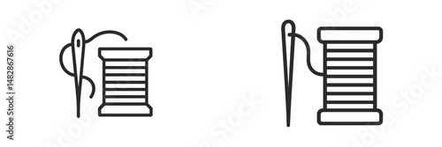 Detailed outline of sewing tools showing a spool of thread and a needle with thread for crafting and textile activities