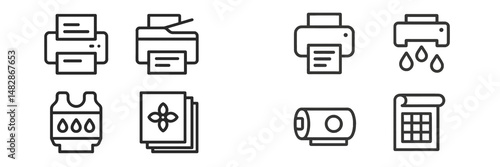 Various types of printers and printing methods displayed in a grid format for an office environment and print solutions