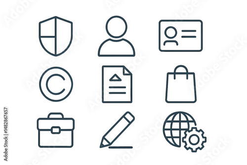 Icons representing business concepts such as security, identity, copyright, and management in a modern design