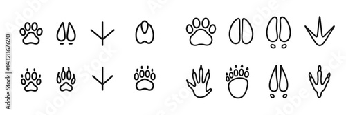 Various animal footprints displayed in clear line art showing diverse shapes and sizes for identification and study purposes