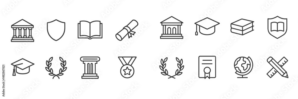 Collection of education and achievement icons featuring buildings, symbols, and awards for academic success Collection of education and achievement icons featuring buildings, symbols, and awards for academic success