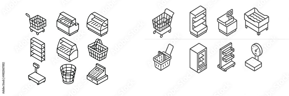 Illustrations of various shopping carts, baskets, and store display elements for retail environments Illustrations of various shopping carts, baskets, and store display elements for retail environments