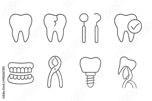 Dental care tools with tooth illustrations in minimalistic style for oral hygiene and dental procedures