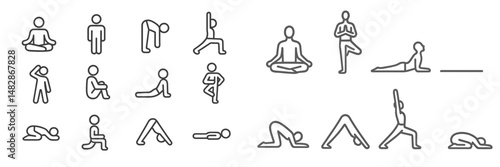 Simple line drawings illustrating various yoga poses and meditation practices for fitness and relaxation