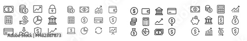 Collection of financial and banking icons representing various concepts and activities in the finance industry for digital use
