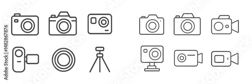 Variety of cameras and equipment displayed in a linear arrangement for a photography workshop or exhibition