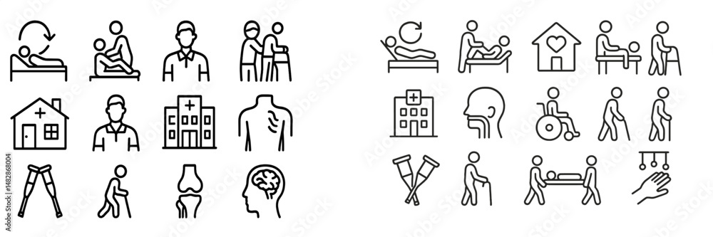 Fototapeta premium Health care symbols representing patient care, medical professionals, and rehabilitation activities in a modern style