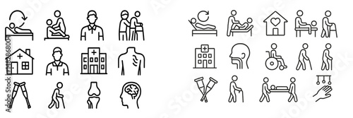 Health care symbols representing patient care, medical professionals, and rehabilitation activities in a modern style