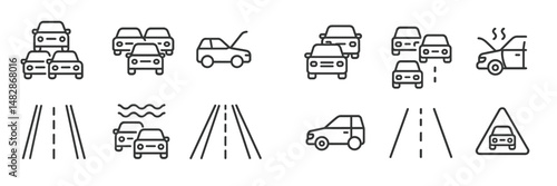 Traffic icons illustrating various road situations including congestion, breakdowns, and safety alerts in urban settings