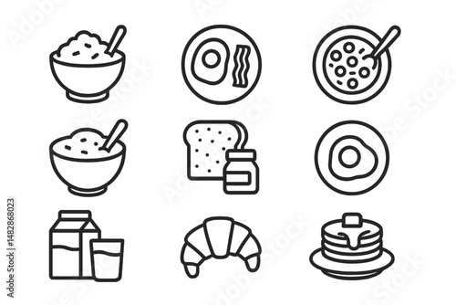 Breakfast foods arranged in a grid showcasing variety of morning meals including cereals, fruits, and pastries
