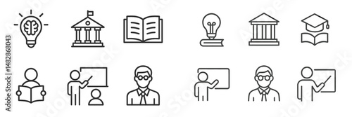 Educational icons showcasing various learning concepts related to teaching, knowledge, and institutions