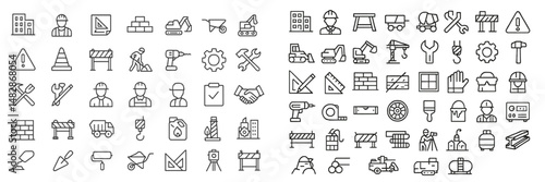 Construction icons representing tools, workers, and equipment for building projects